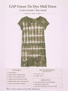 GAP Green Tie Dye Midi Dress Cotton Modal Casual Size Small